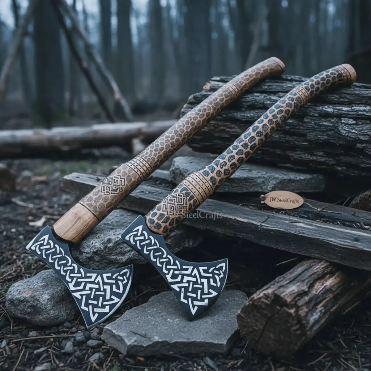 Engraved Viking Throwing Axe Set, Pair Of Norse Knotwork Hatchets With Carved Hardwood Handles | Jw Steelcrafts 1