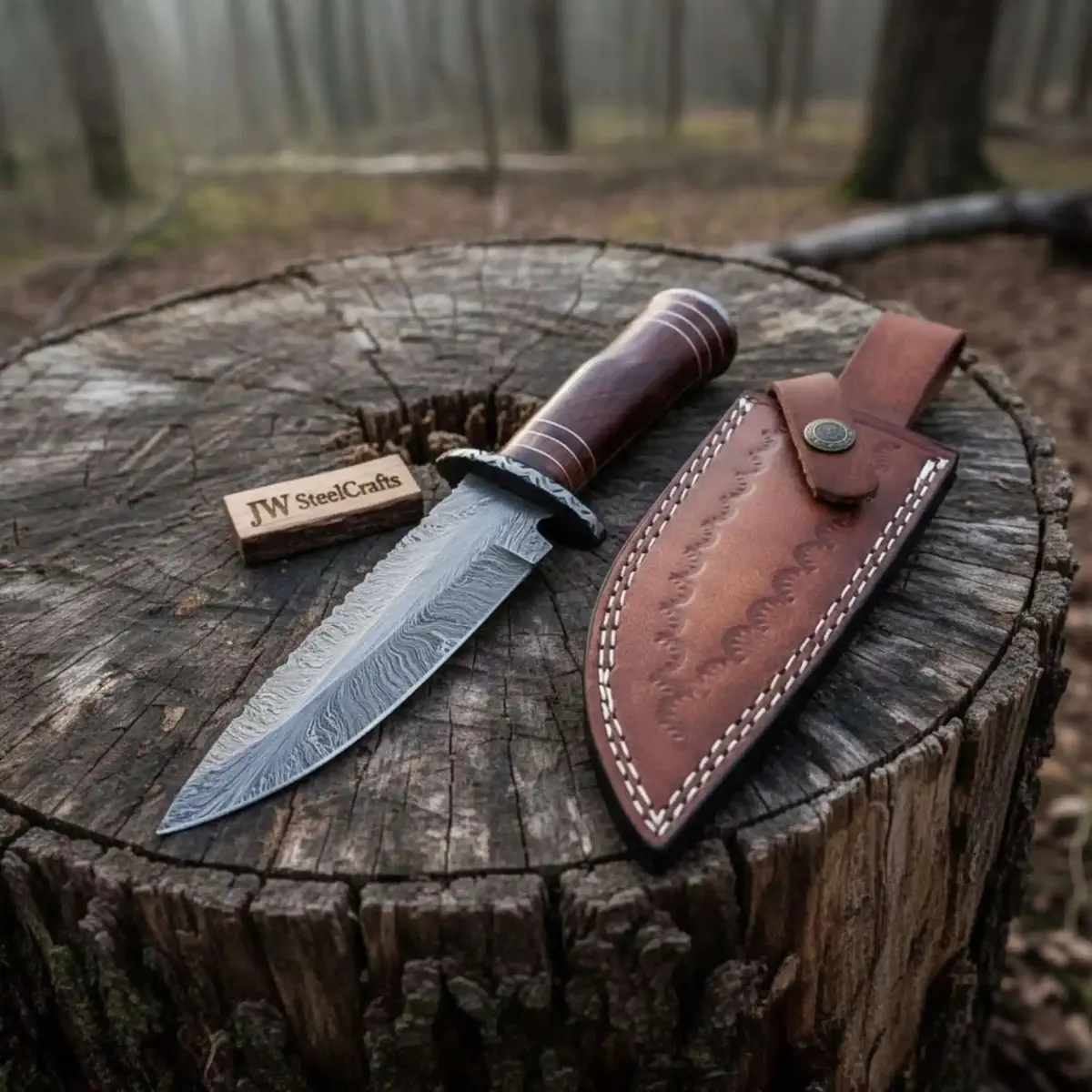 13 Inch Hand Forged Damascus Steel Bowie Knife With Wood Handle And Leather Sheath 1