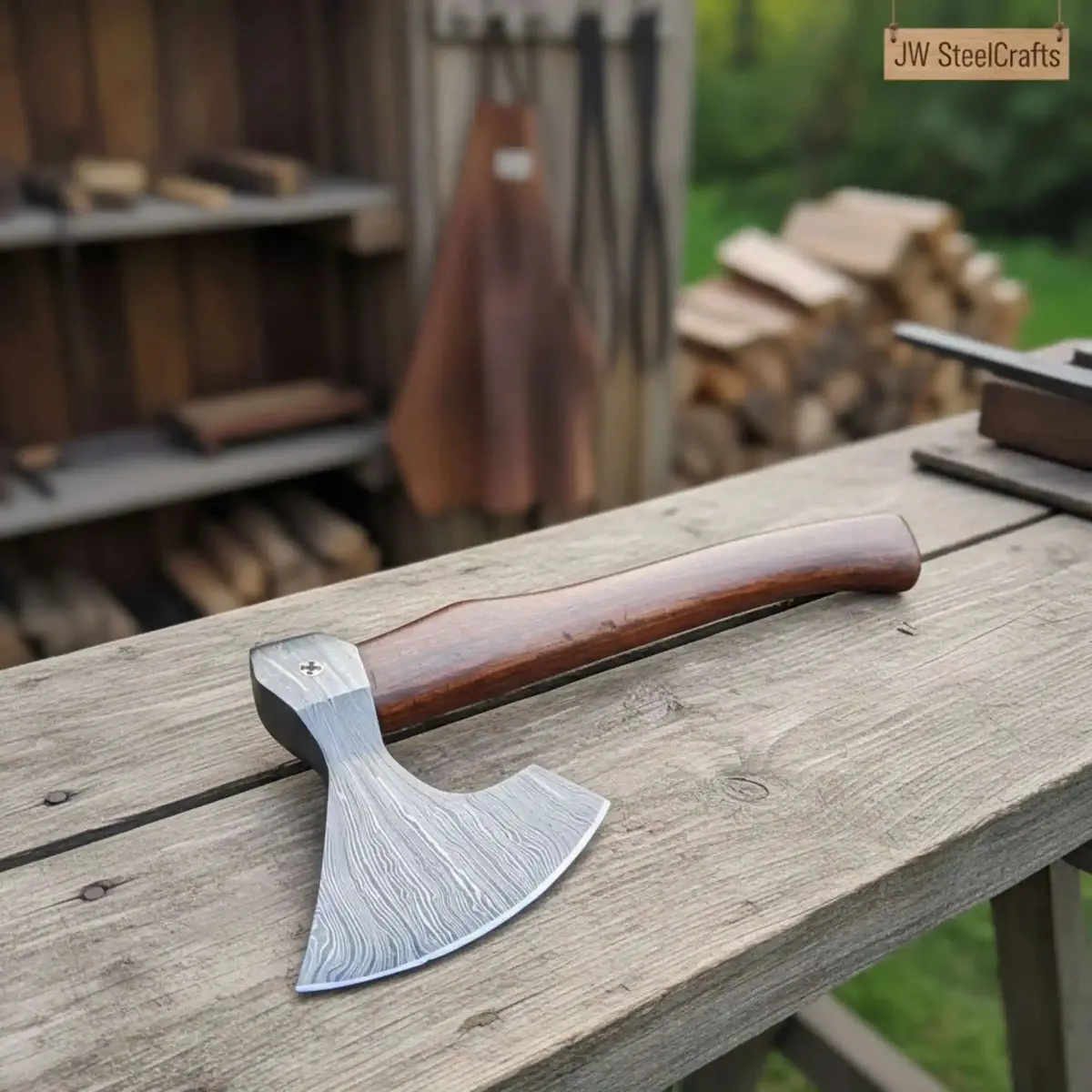 Field Ready Camping Axe, Artisan Pattern Steel Blade, Balanced Wood Handle 1