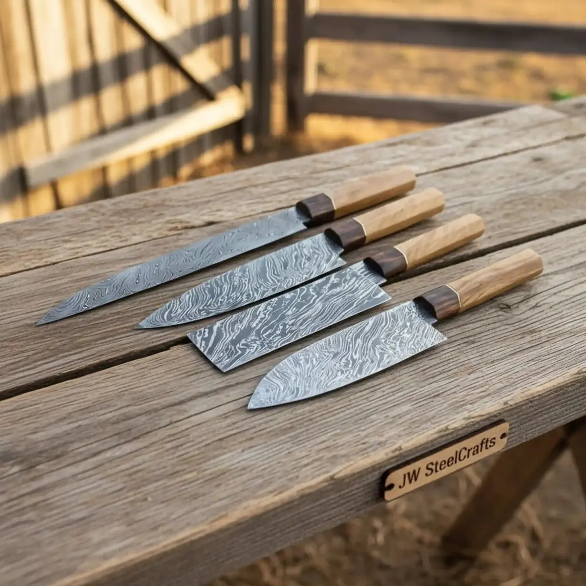 Fire-Pattern Damascus Kiritsuke, Bunka, Santoku & Petty Knife Set (Olive & Rosewood Handles) 1