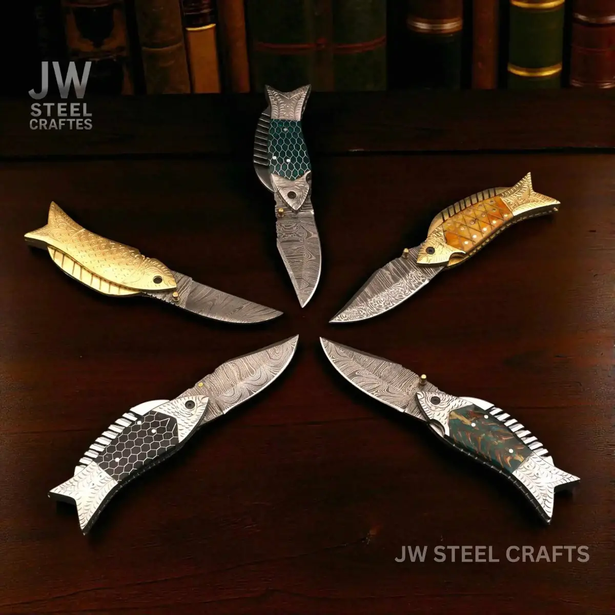 Fish-Style Damascus Folding Knife | 5 Color Variants | Hand-Engraved Collectible By Jw Steelcrafts 4