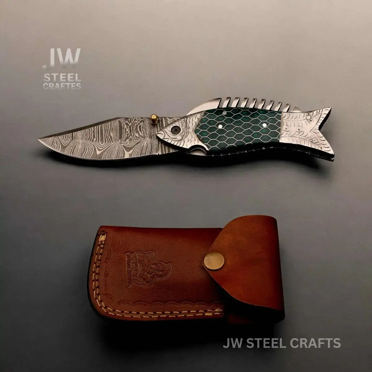 Fish-Style Damascus Folding Knife | 5 Color Variants | Hand-Engraved Collectible By Jw Steelcrafts 5