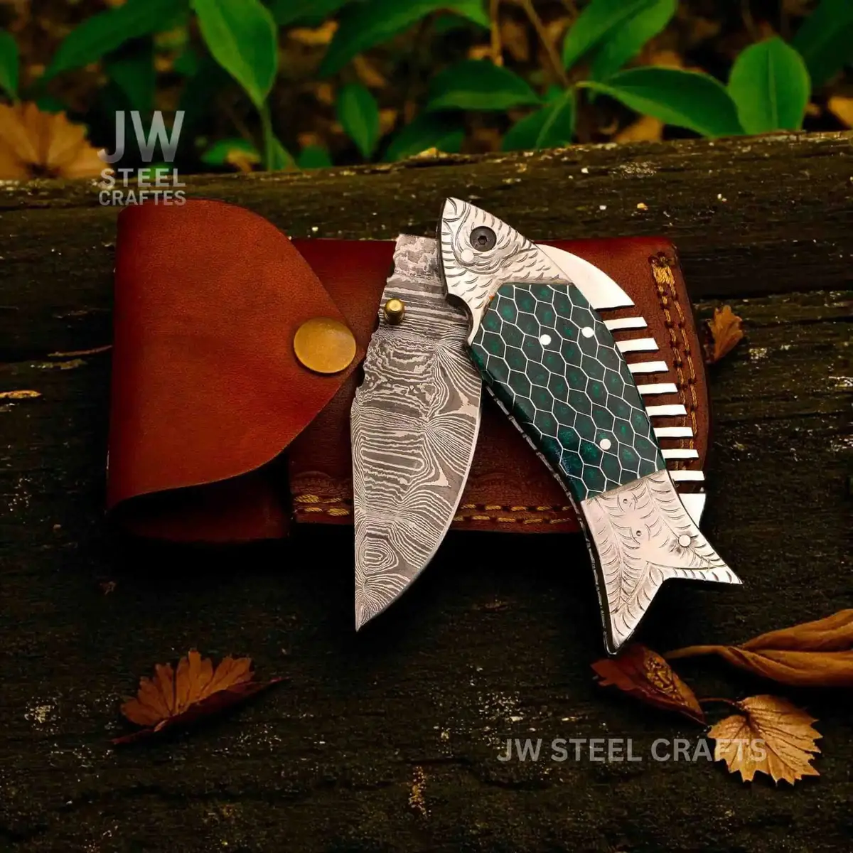 Fish-Style Damascus Folding Knife | 5 Color Variants | Hand-Engraved Collectible By Jw Steelcrafts 3