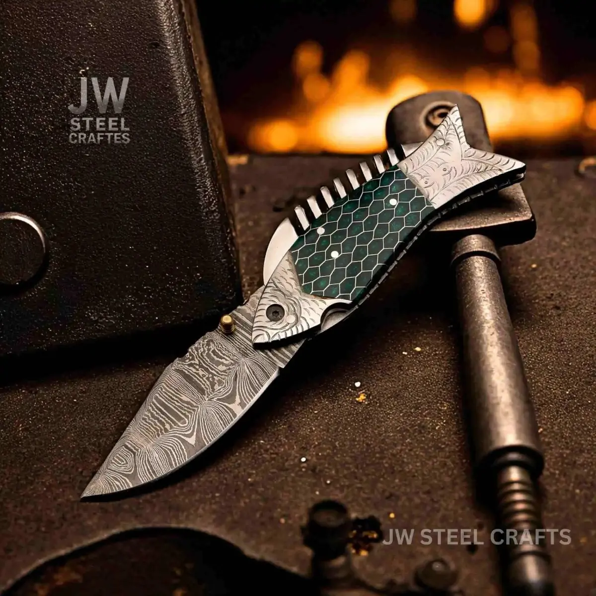 Fish-Style Damascus Folding Knife | 5 Color Variants | Hand-Engraved Collectible By Jw Steelcrafts 1