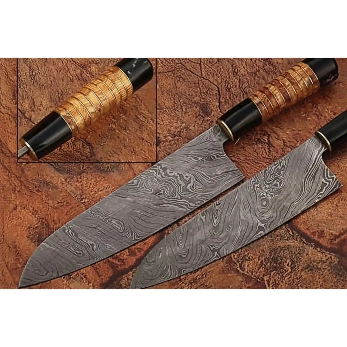 Forged Damascus Santoku Knife – Olive Wood Olive Handle, Handcrafted 1