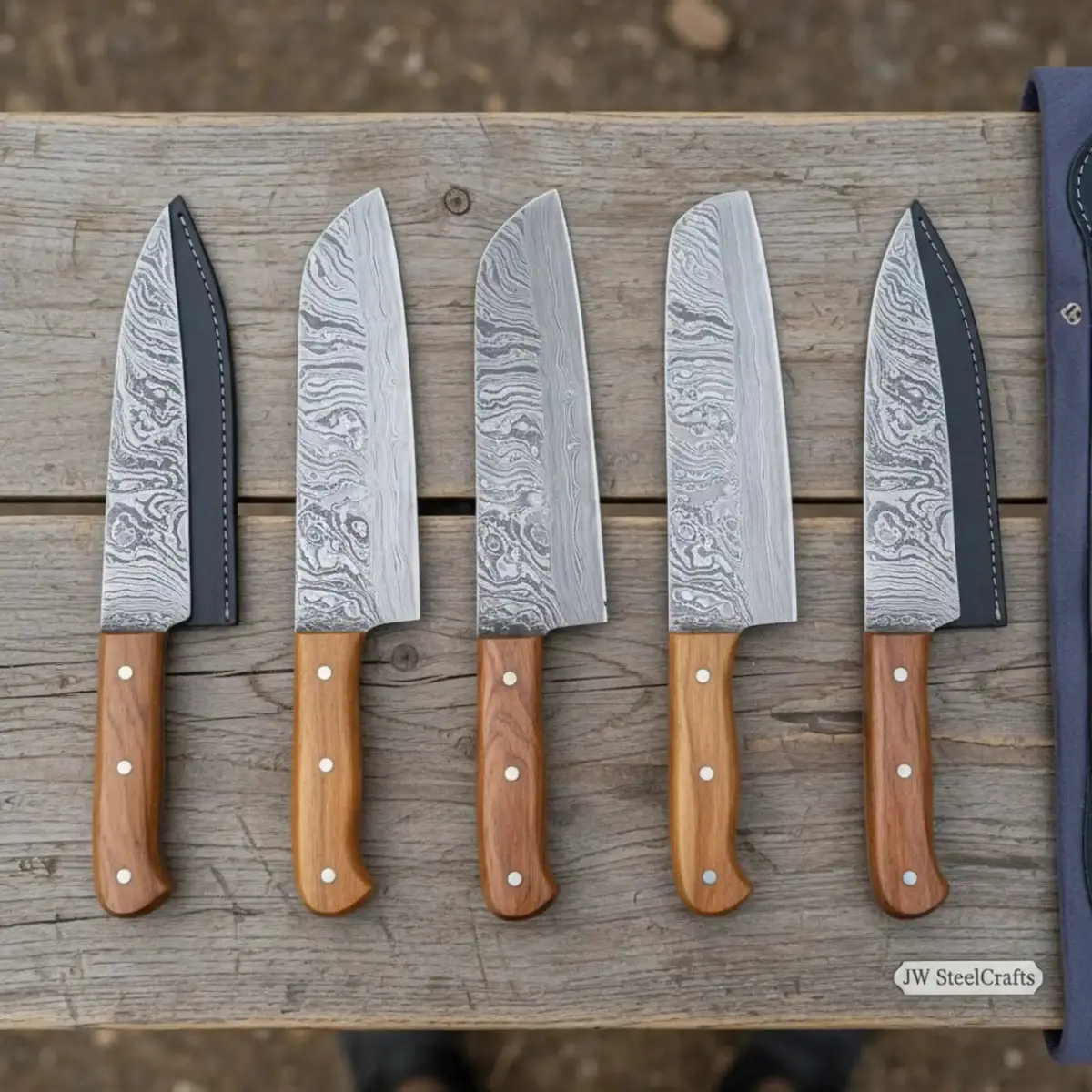 Hand-Forged Damascus Steel Knife Set With Rustic Design For Precision Cutting 1
