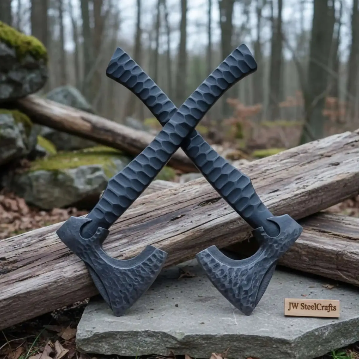 Forged Tool Axe Duo – Textured Steel Heads With Sculpted Hardwood Handles And Leather Sheaths 1