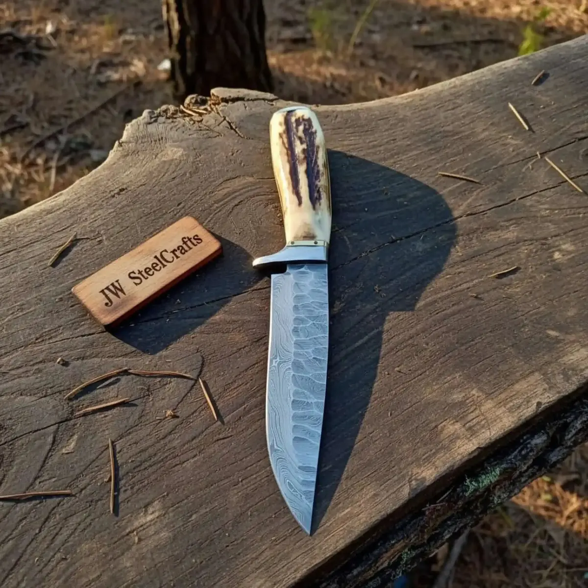 Frontier Bowie Knife Damascus Steel Clip Point Stag Handle Fixed Blade Hunting Knife 1