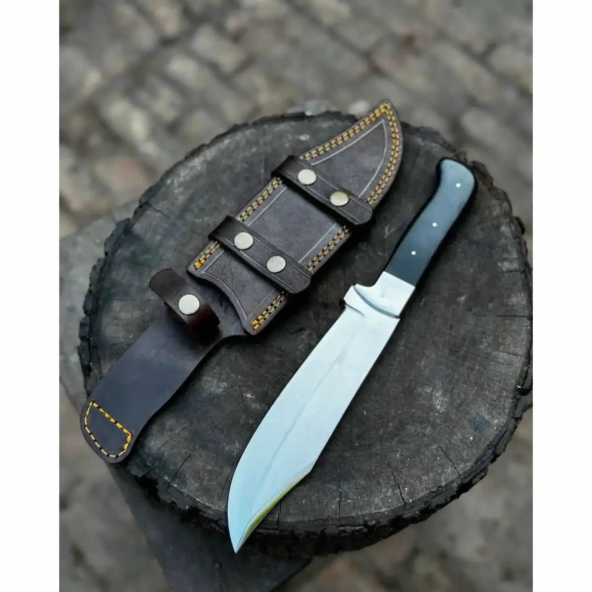 Frontier Bowie Knife, Hand Forged High Carbon Steel Clip Point Blade, Black Micarta Handle, Full Tang With Leather Sheath 1