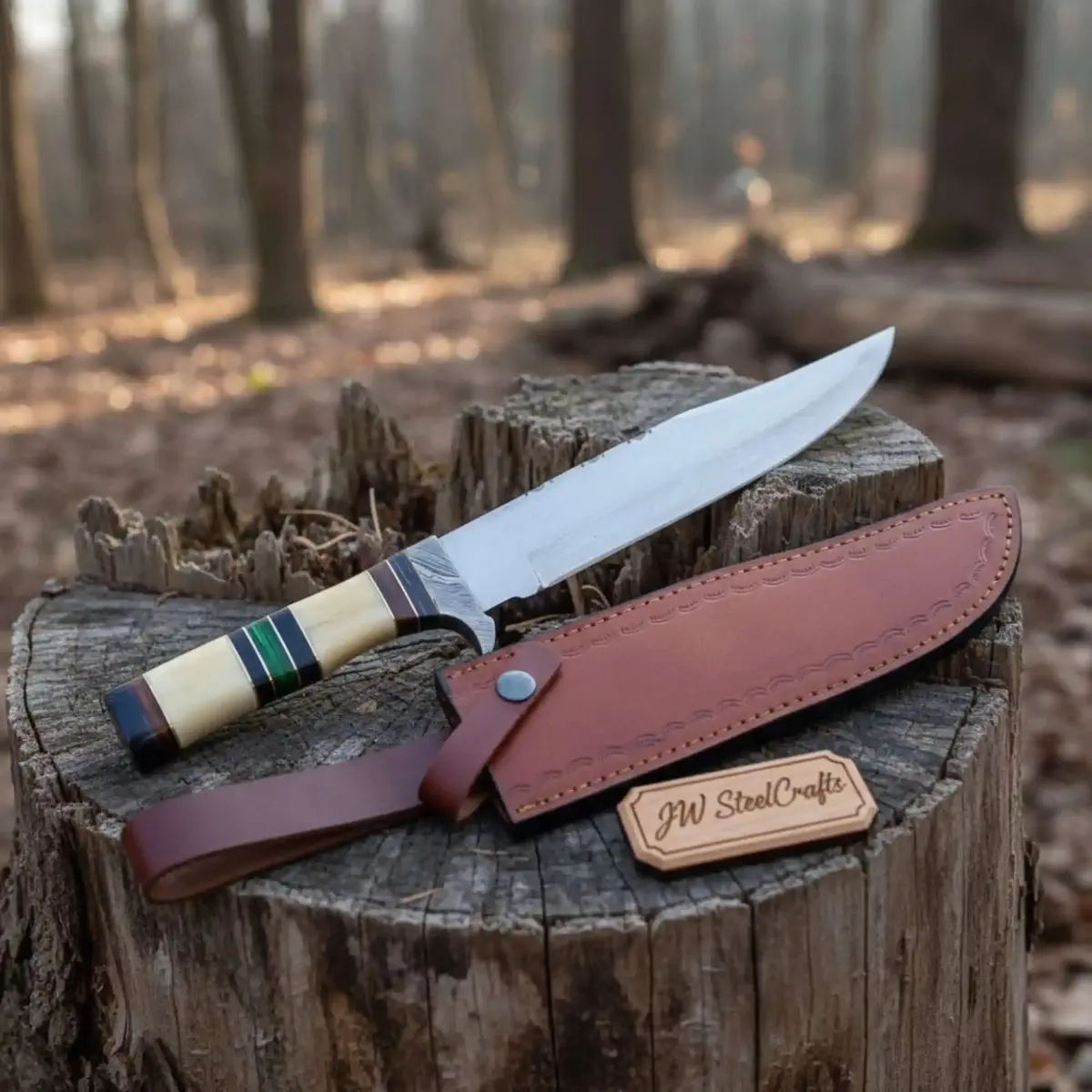Hand Forged Frontier Bowie Knife, Authentic Jim Bowie Style, Bone Handle With Leather Sheath 1