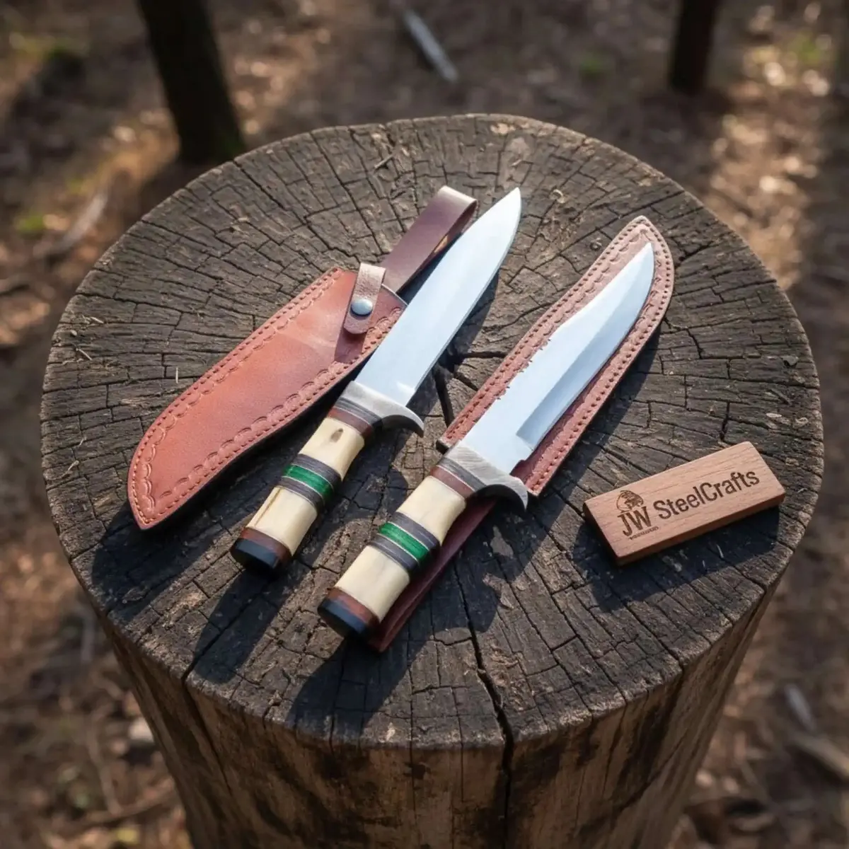 Hand Forged Frontier Bowie Knife Set, Traditional American Clip Point Knives, Stacked Bone Handles 1