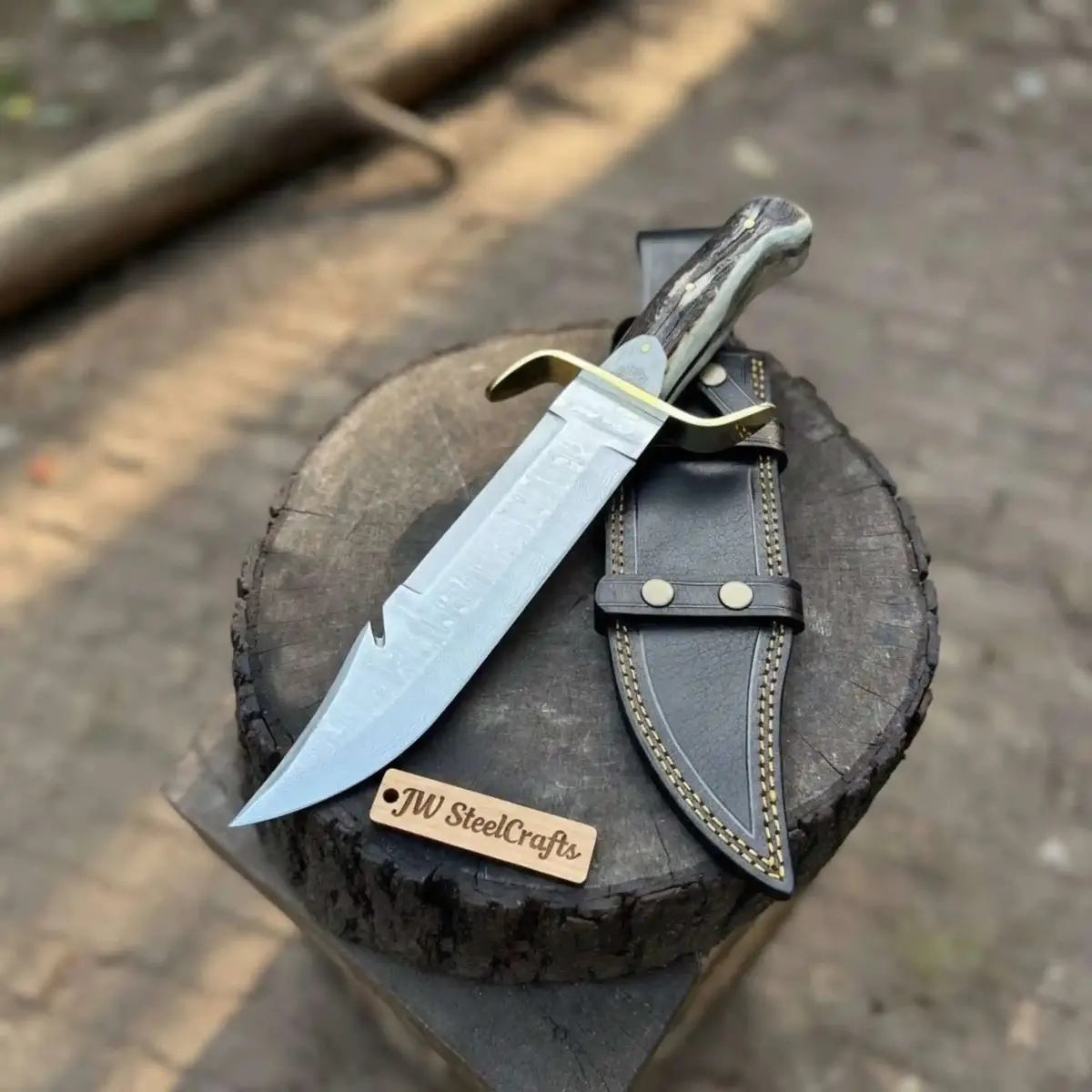 Frontier Bowie Style Hand Forged Damascus Steel Knife With Brass S-Guard, Clip Point Blade, Cut Hook, Stag Handle, Full Tang With Leather Sheath – Jw Steelcrafts 1
