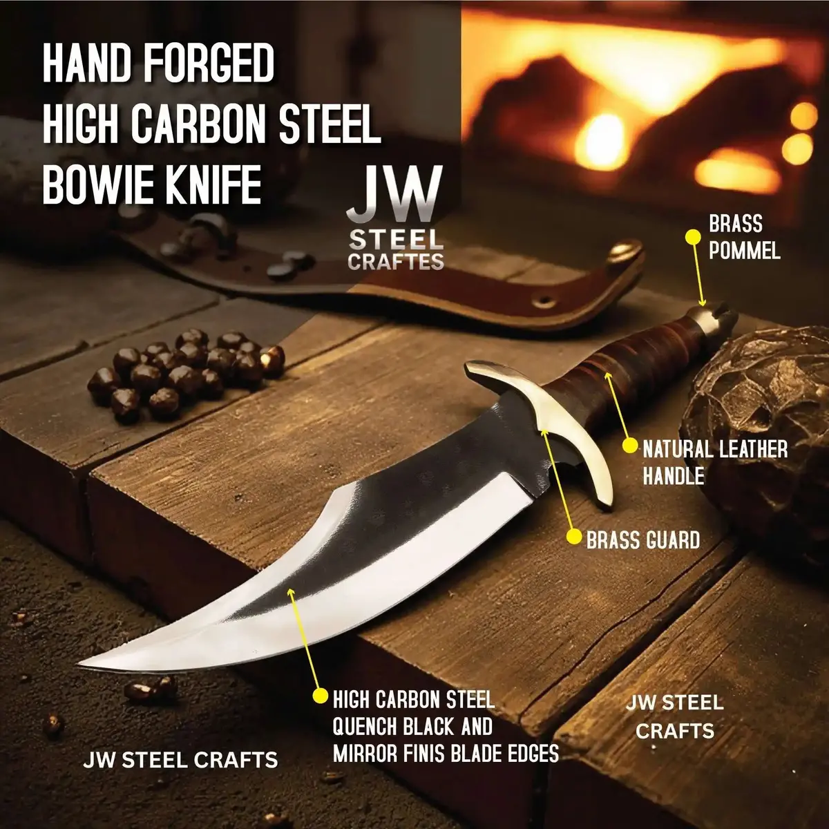 Handmade Frontier Bowie Knife - High Carbon Steel, Leather Handle, Brass Crossguard 1