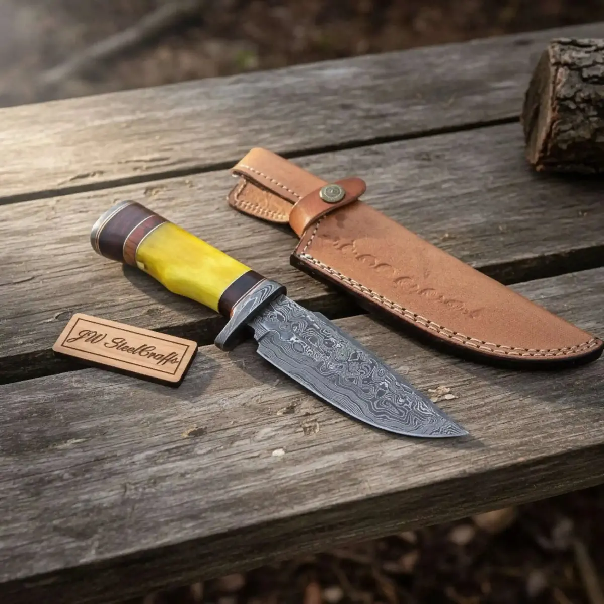 Frontier Clip Point Bowie Knife, Hand Forged Damascus Steel Blade, Stacked Handle, Custom Handmade Bowie, Jw Steelcrafts 1
