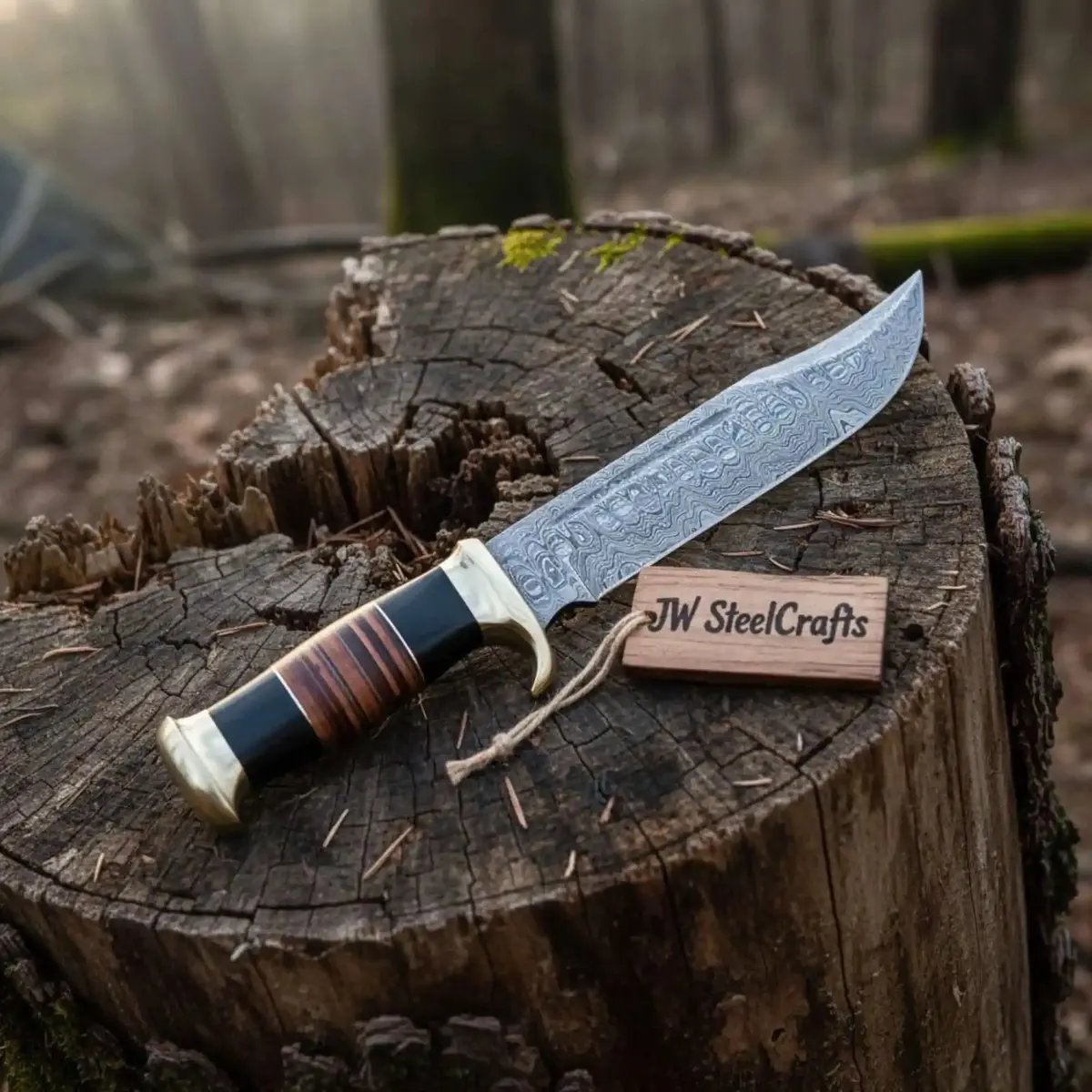 Hand Forged Damascus Steel Clip Point Bowie Knife With Stacked Wood Handle 1