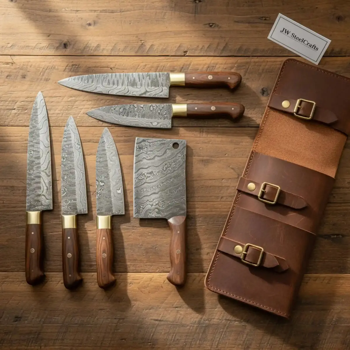 Full-Tang 6-Piece Damascus Kitchen Knife Set — Natural Rosewood Handles, Brass Bolsters, Leather Carry Roll 1
