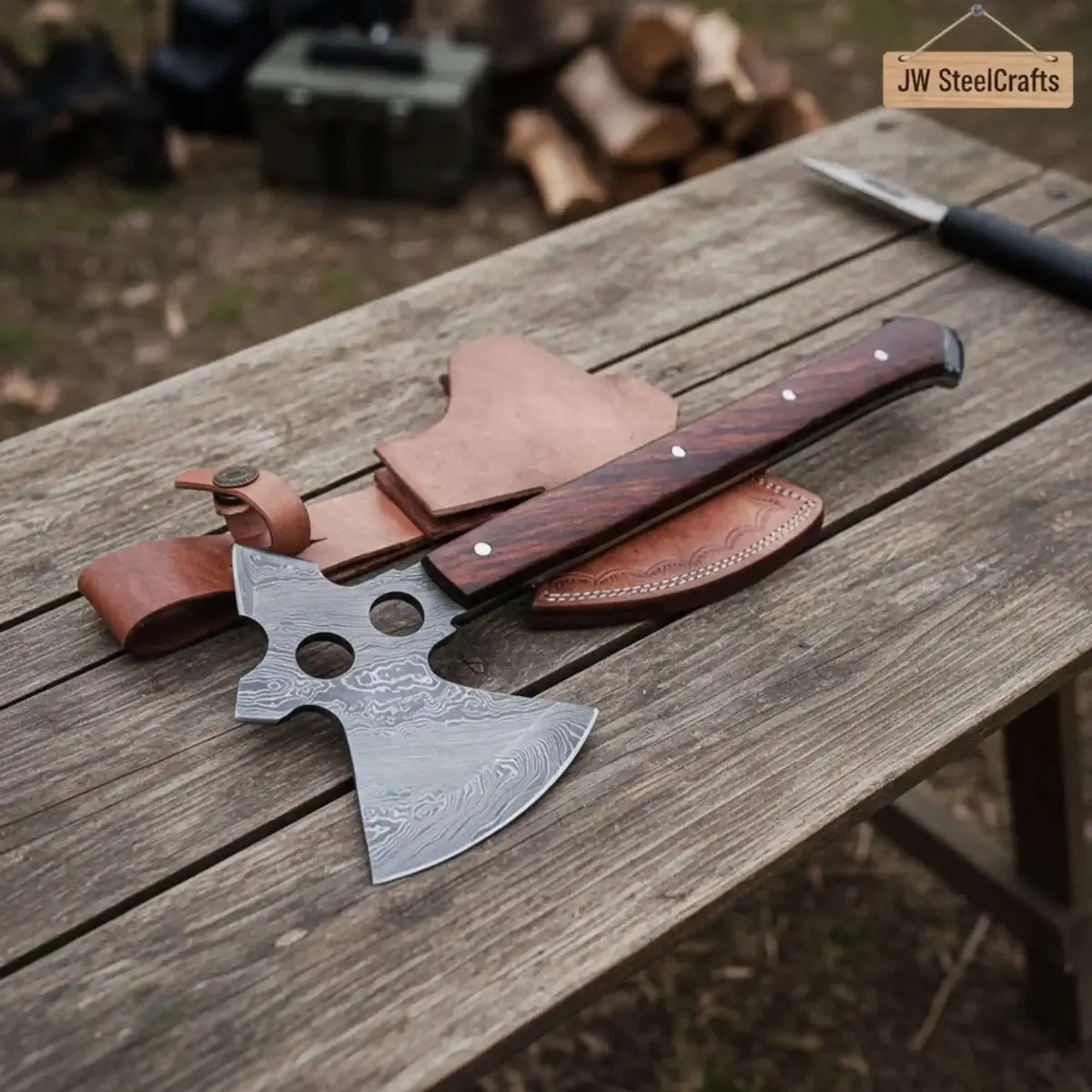 Full-Tang Damascus Camping Axe With Rosewood Handle Scales, Skeletonized Spine & Leather Sheath | Jw Steelcrafts 1