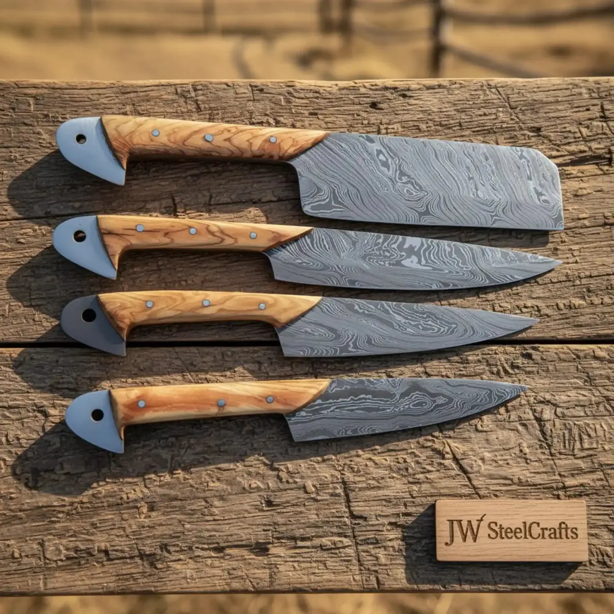 Full Tang Damascus Cleaver, Gyuto, Utility, And Paring Knife Set With Olive Wood Handles 1