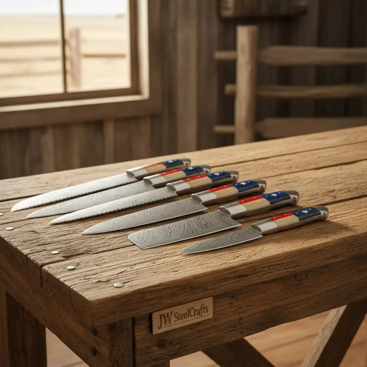 Full-Tang Damascus Steak/Utility Knife Set — Texas Flag Handles 1