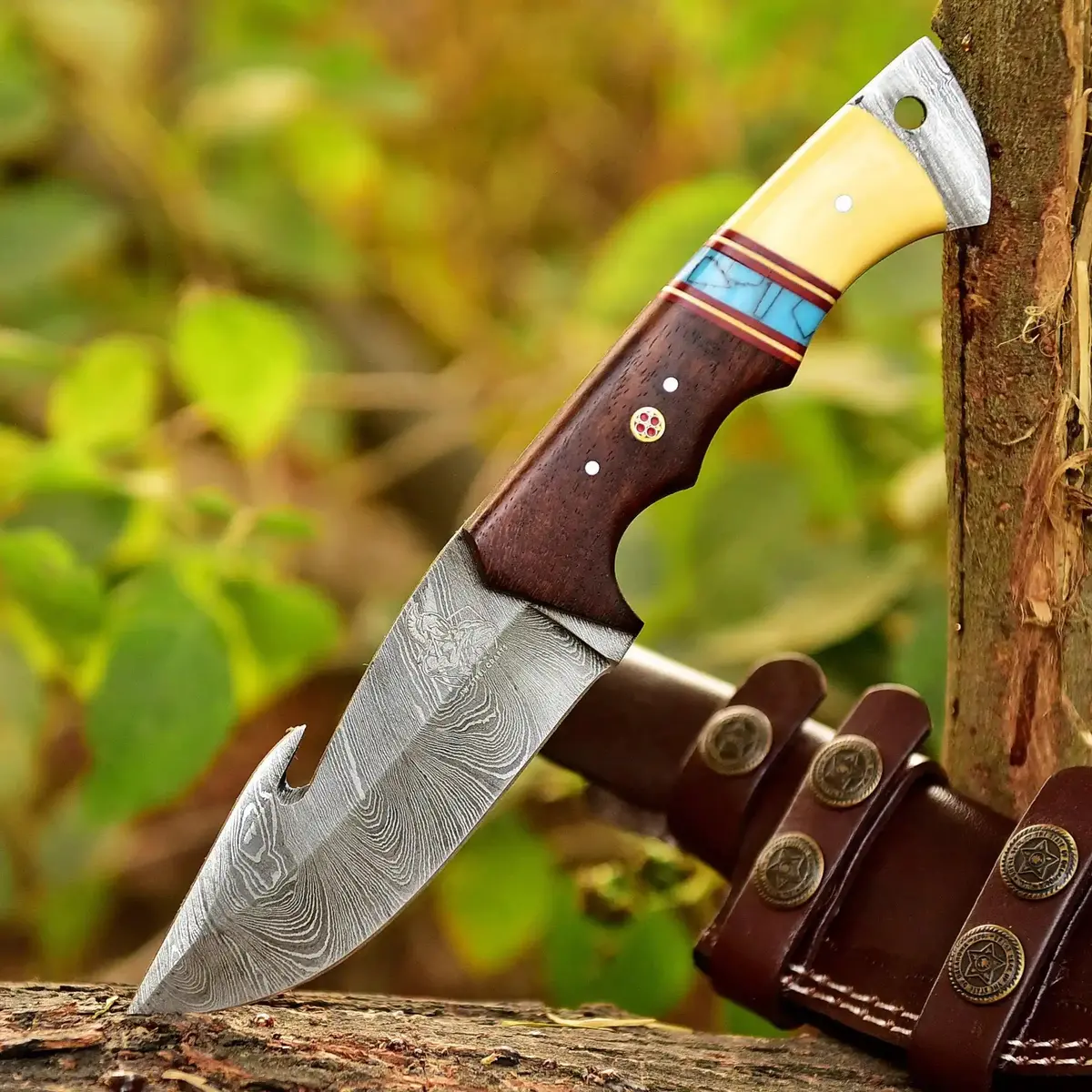 Gut Hook Hunting Knife With Bone, Resin & Rosewood Handle | Damascus Pattern Blade 1