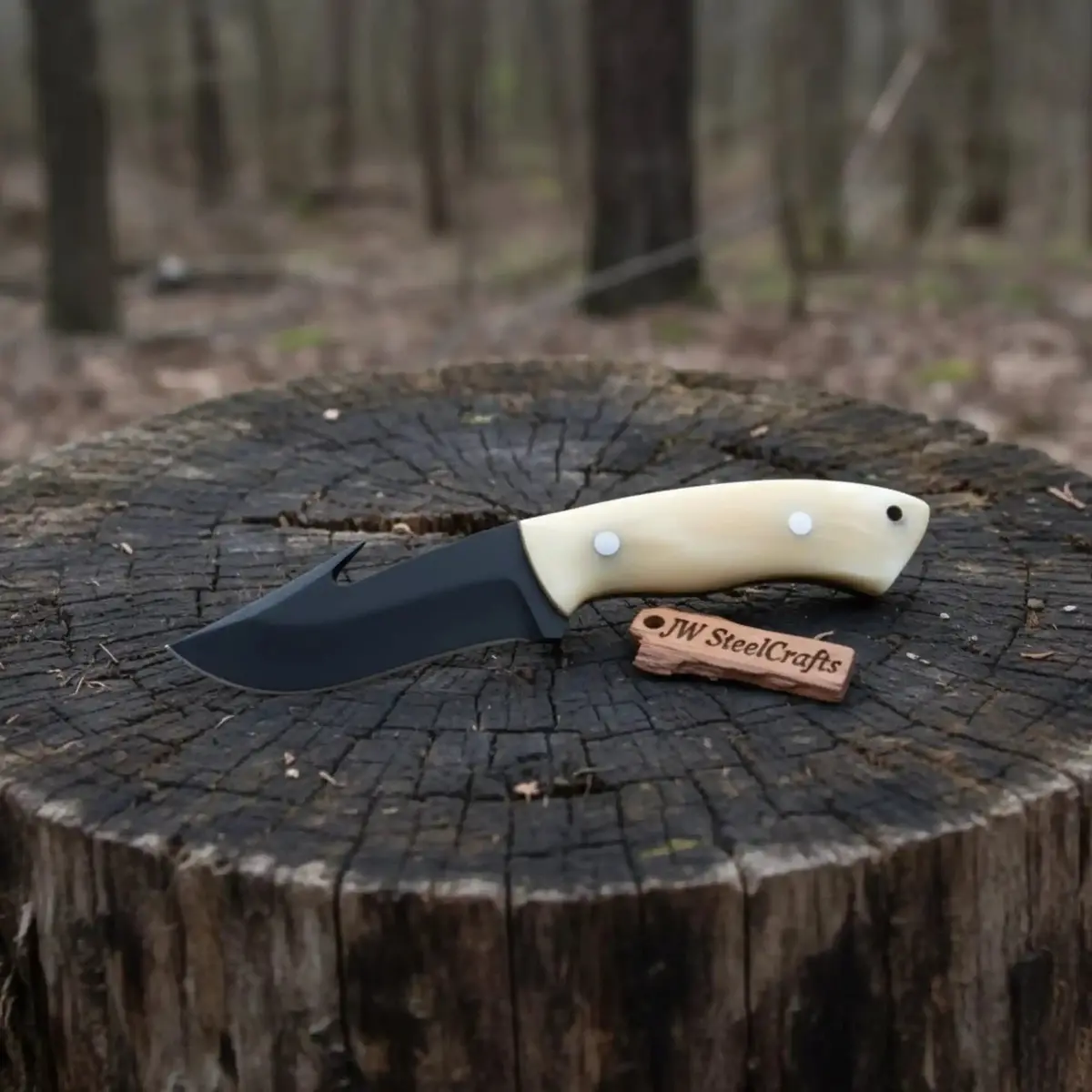 Gut Hook Skinner Knife Black Coated Blade Bone Handle 3.5 Inch Fixed Blade Hunting Knife 1