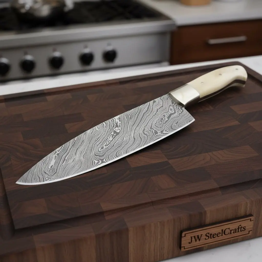 Gyuto Knife, Handmade Damascus Steel Blade, White Bone Handle With Steel Bolster, Full Tang Japanese Chef Knife, Jw Steelcrafts 1