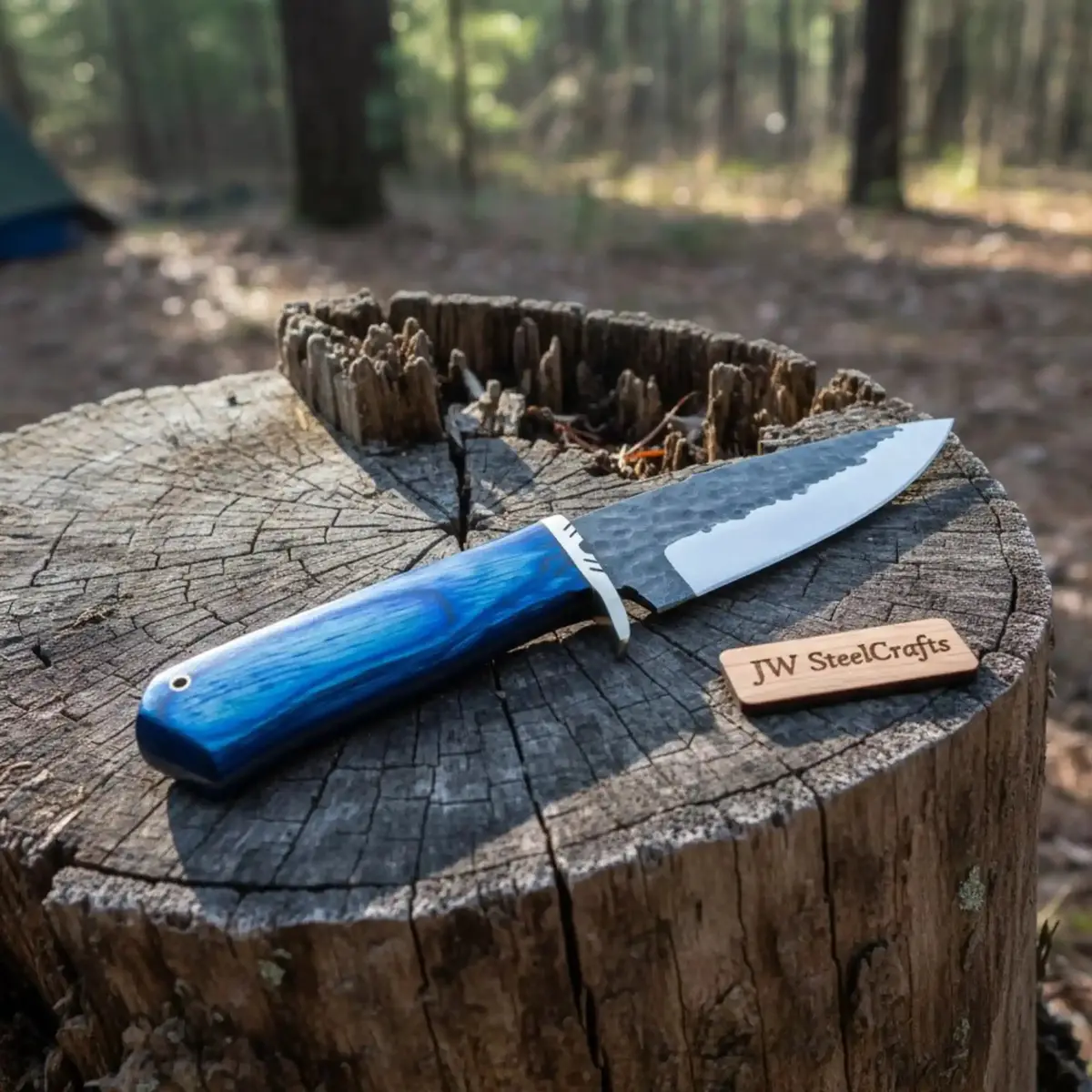 Hammered Drop Point Hunting Knife Blue Pakka Wood Handle Fixed Blade 1