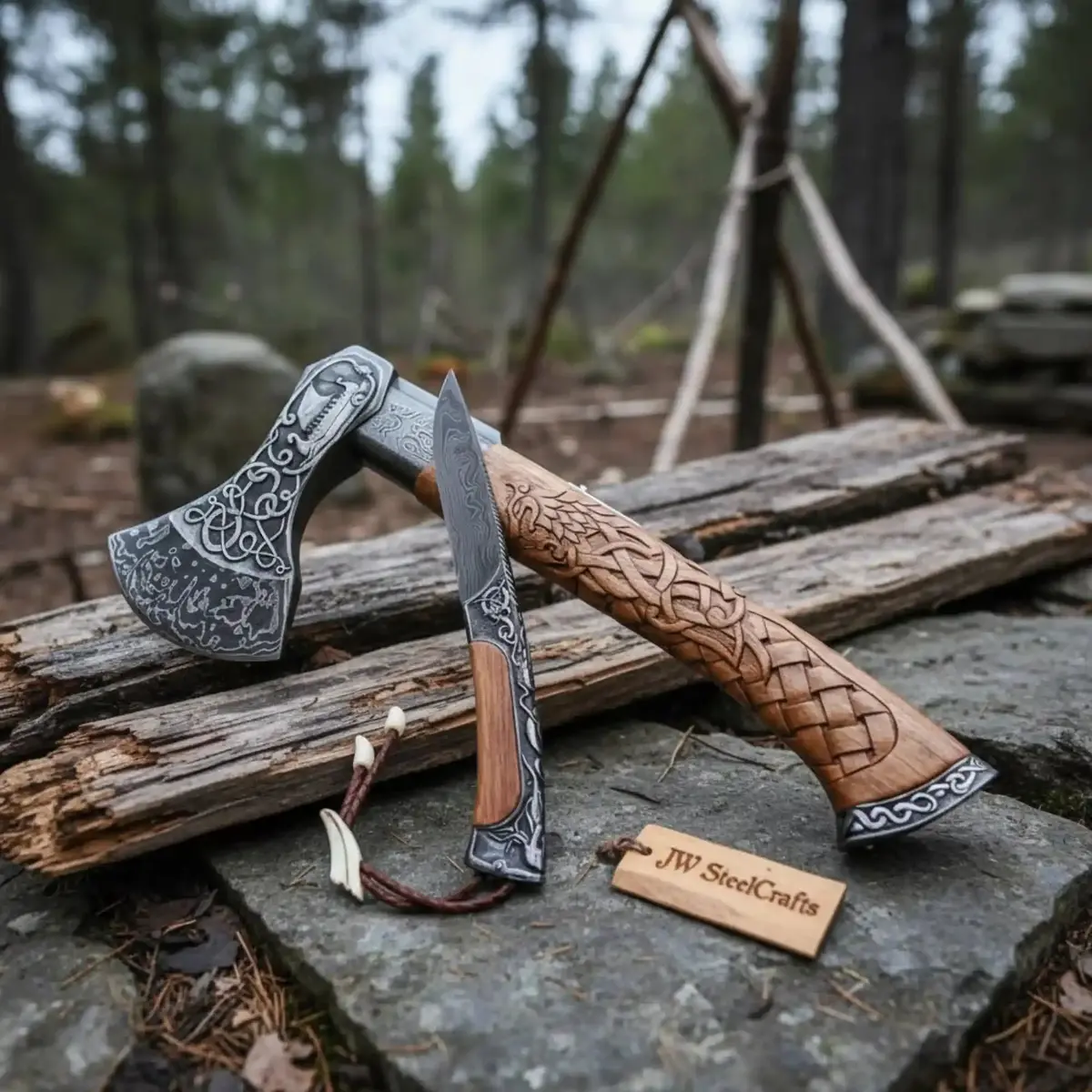 Hand Engraved Damascus Viking Axe With Carved Hardwood Handle And Matching Damascus Knife | Norse Collector Axe Set | Jw Steelcrafts 1
