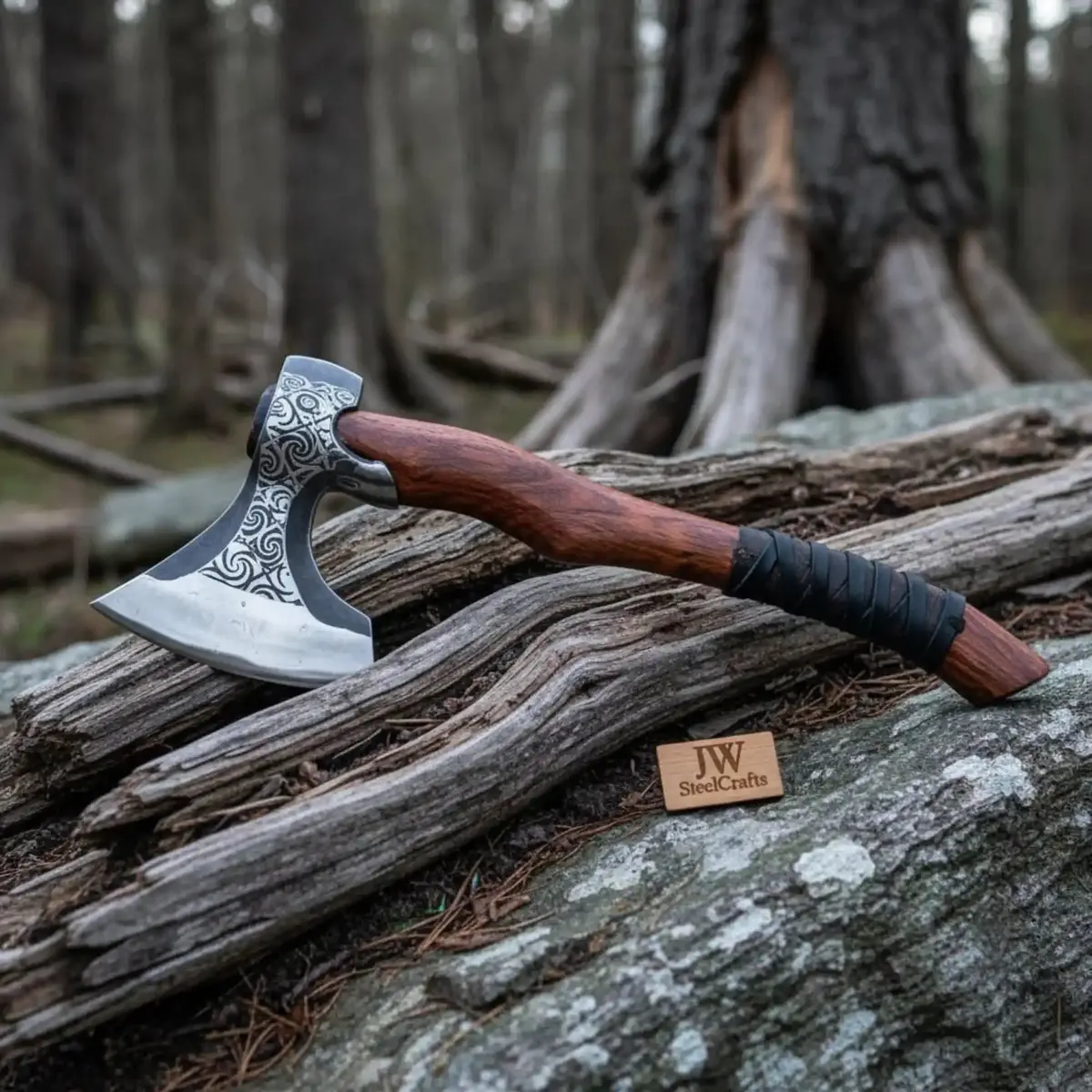 Hand-Engraved Nordic Hatchet, Polished Carbon Steel Head, Curved Hardwood Handle | Jw Steelcrafts 1