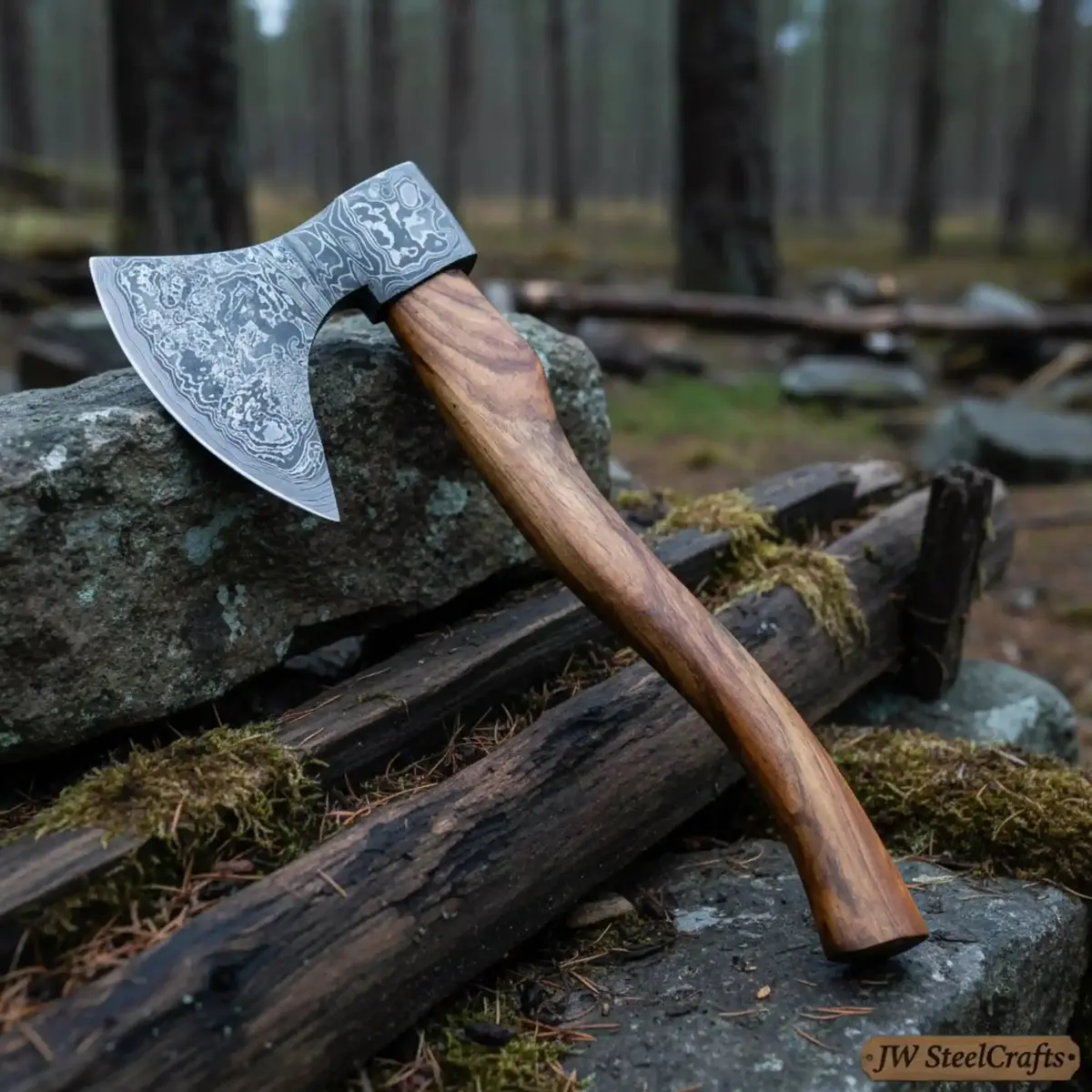 Hand Engraved Norse Viking Bearded Axe With Damascus Steel Blade And Carved Hardwood Handle | Jw Steelcrafts 1