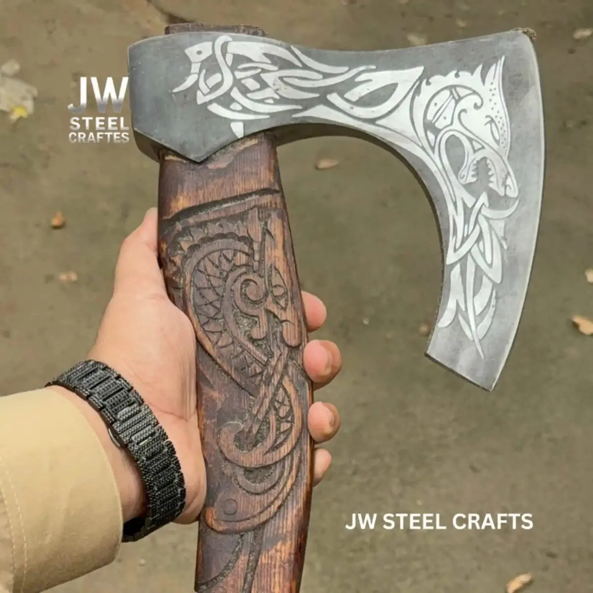 Hand-Engraved Viking Bearded Axe With Carved Hardwood Handle – Damascus Steel Blade | Jw Steelcrafts 1
