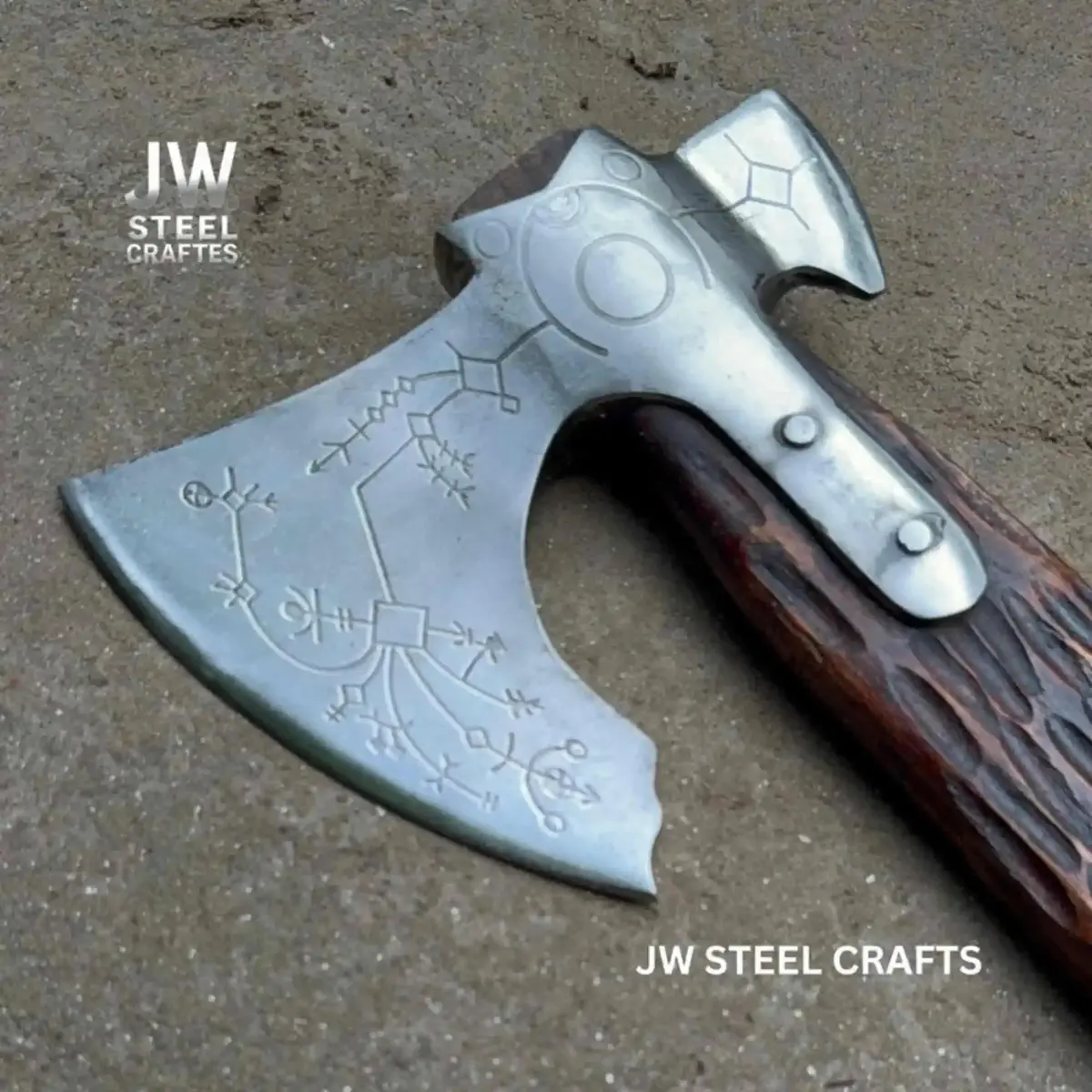 Hand Forged Viking Double-Bit Carbon Steel Axe With Norse Rune Etching And Engraved Hardwood Handle 2