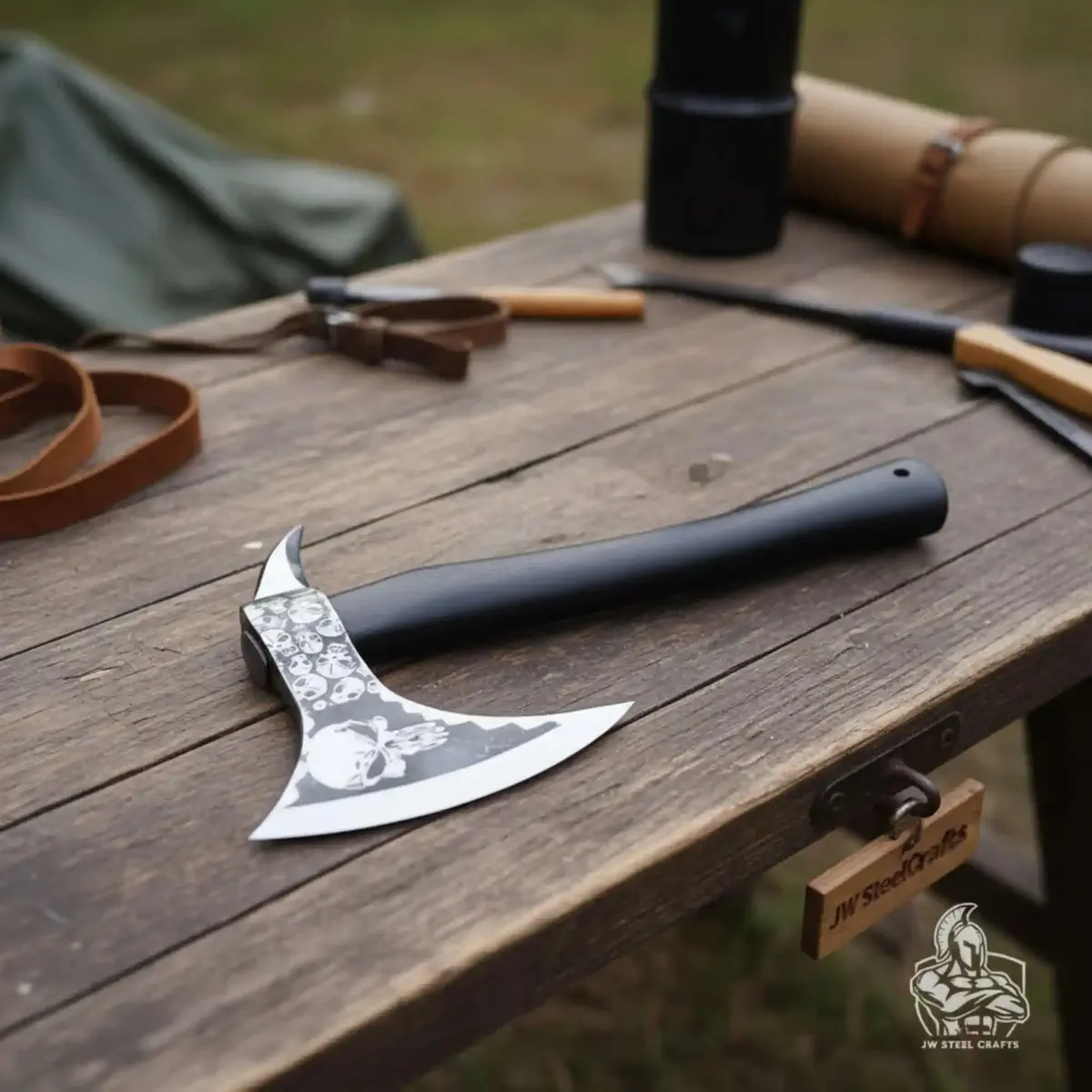 Hand-Finished Bearded Axe – Detailed Etched Steel Head With Minimalist Black Handle 1