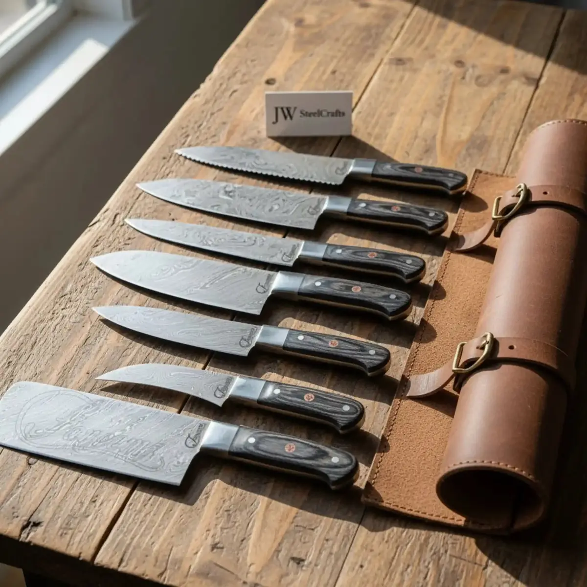 Hand-Forged Damascus Chef Knife Set - Premium Steel, Pakka Wood Handles, Leather Carry Roll 1