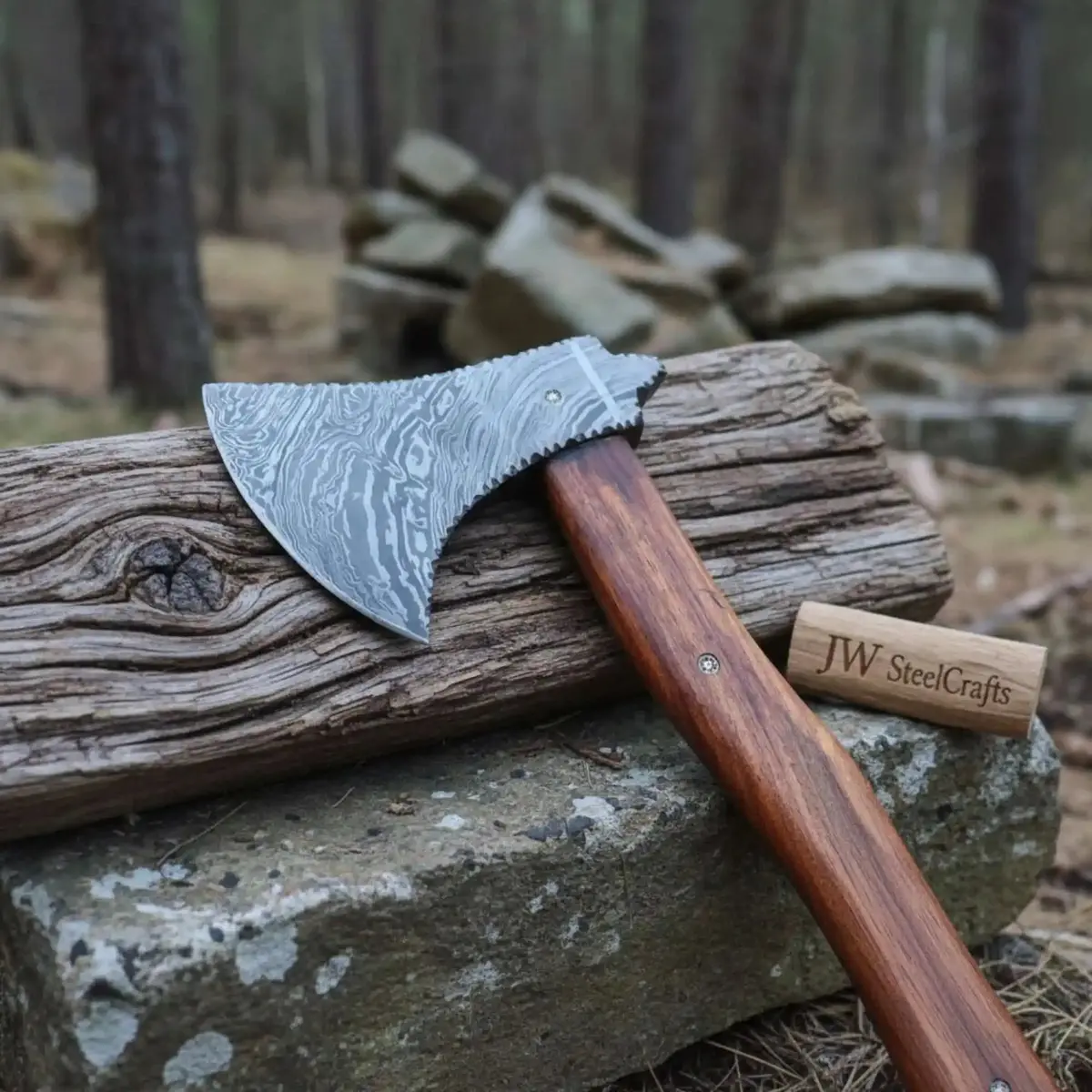 Hand Forged Bushcraft Chopping Axe, Damascus Blade + Ergonomic Curved Handle 1