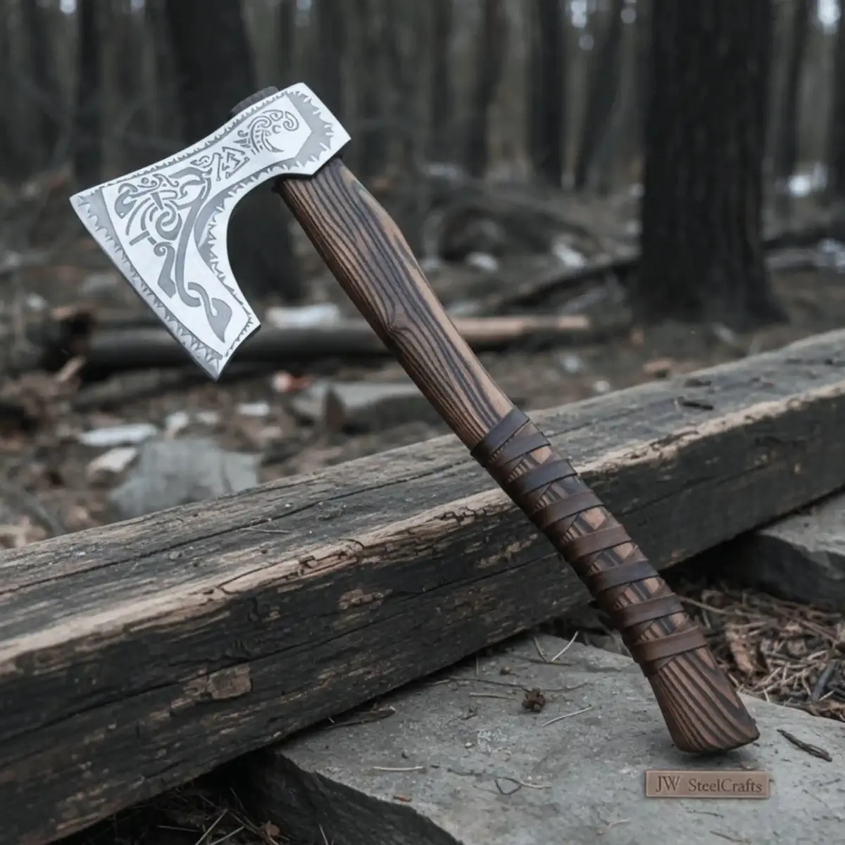 Hand Forged Carbon Steel Viking Axe With Carved Ash Wood Handle And Leather Grip 1