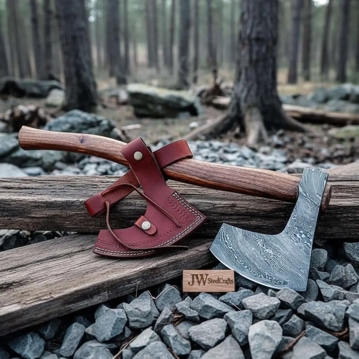 Hand-Forged Damascus Bearded Axe For Bushcraft & Trail Work 1