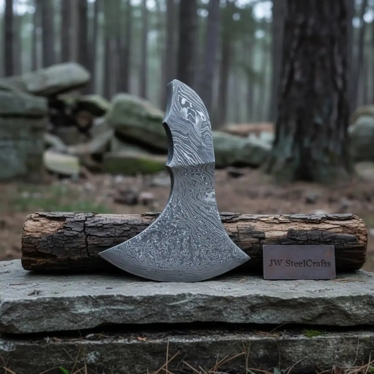Hand Forged Damascus Bearded Axe Head Blank, Crescent Edge, Custom Handle Build | Jw Steelcrafts 1