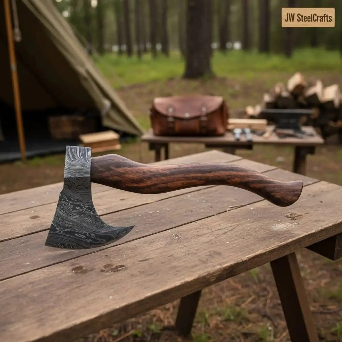 Hand-Forged Damascus Bearded Bushcraft Hatchet With Curved Hardwood Handle 1