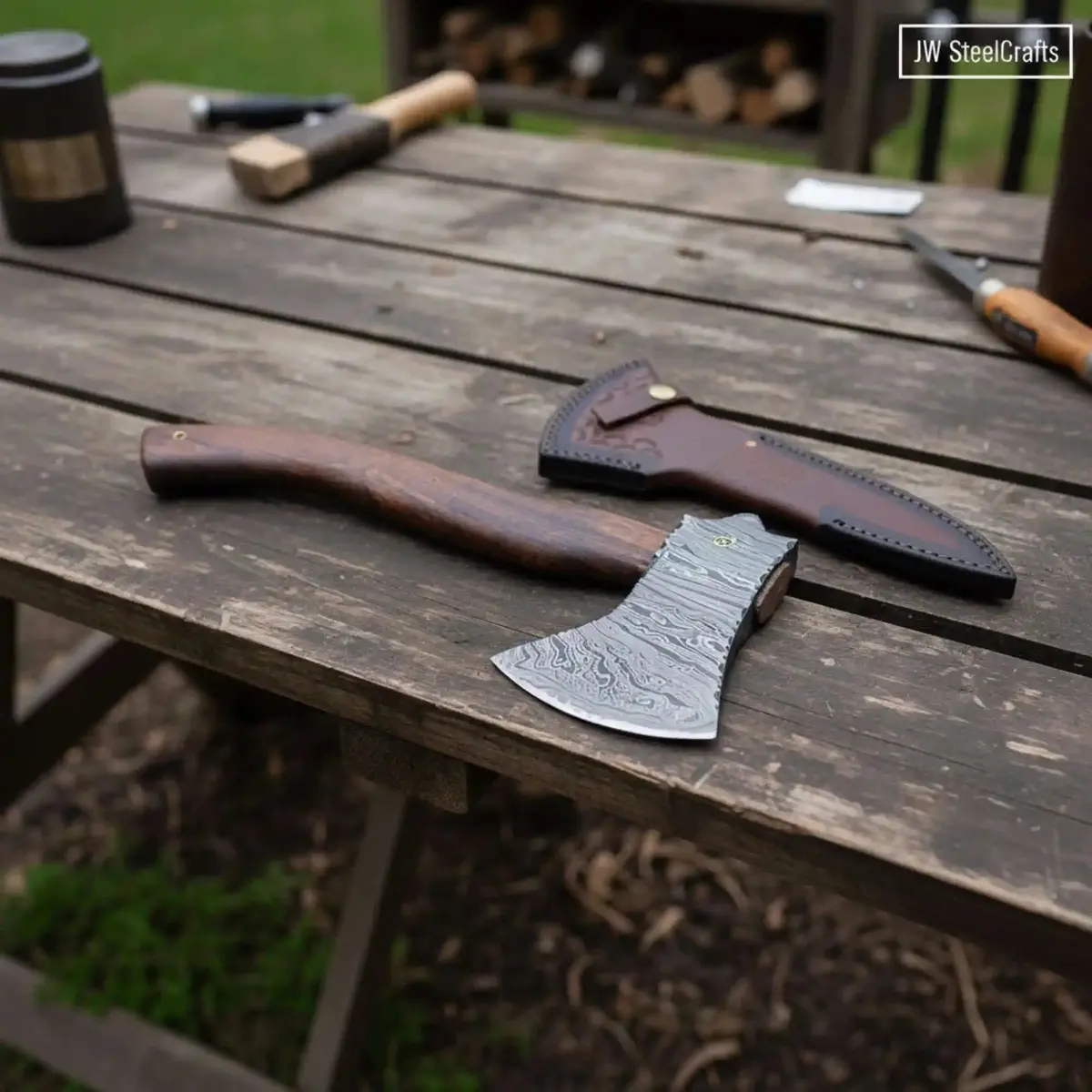 Hand Forged Damascus Bearded Camp Axe | Curved Hardwood Handle | Jw Steelcrafts 1