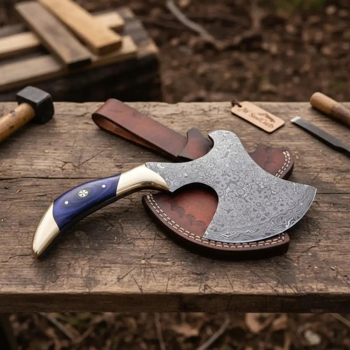 Hand-Forged Damascus Bearded Hatchet With Purple Wood And Brass Handle 1