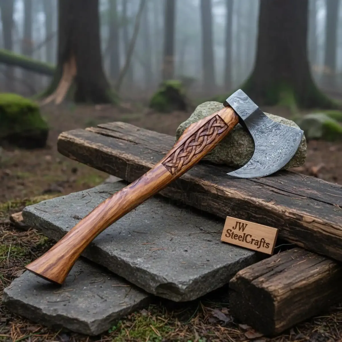 Hand Forged Damascus Bearded Viking Axe, Carved Rosewood Handle Nordic Bushcraft Hatchet | Jw Steelcrafts 1