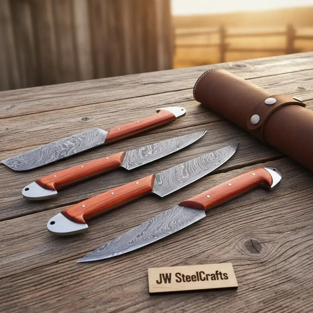 Handmade Damascus Camping & Hunting Knife Set - Orange Wood Handle 1
