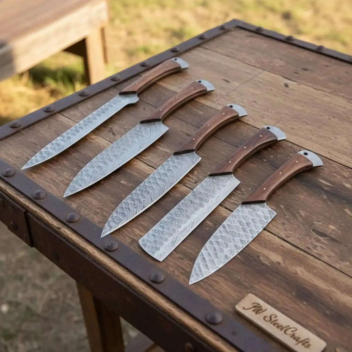 Hand Forged Damascus Chef Knife Set, Natural Wood Handle, Full Tang Kitchen Knife Collection 1