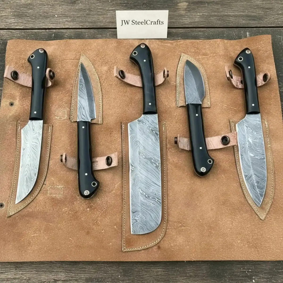 Handmade Damascus Chef & Utility Knife Set - Black Pakka Handles, Full Tang Blades 1