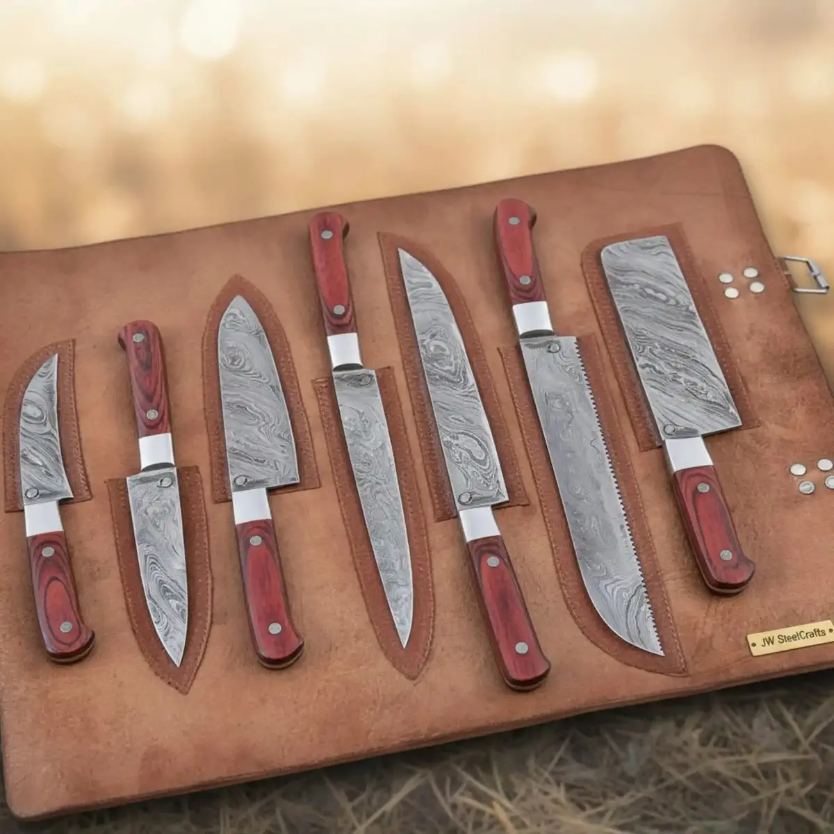 Hand-Forged Damascus Chef & Utility Knife Set In Leather Roll | Red Pakka Wood | Full Tang 1