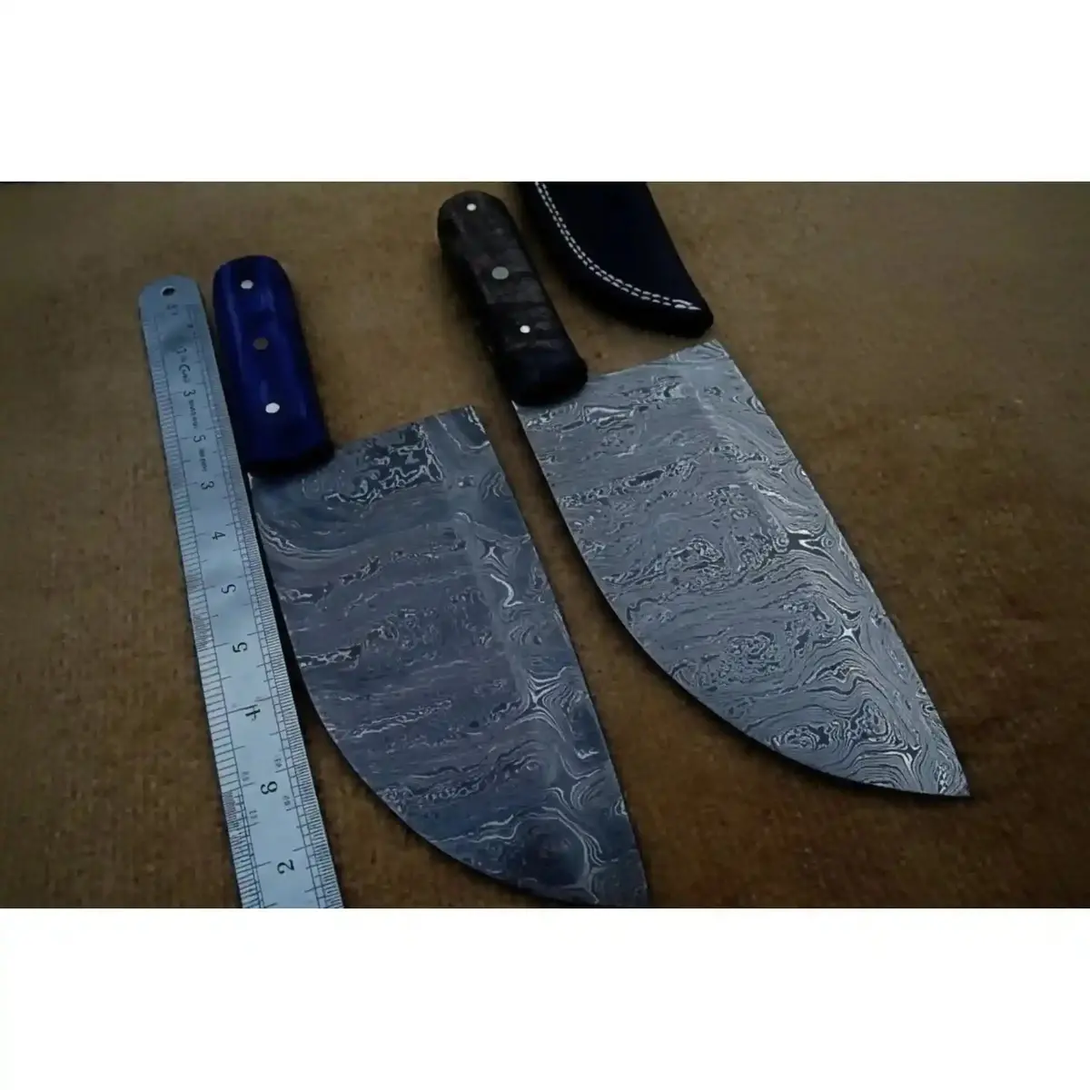 Hand-Forged Damascus Chinese Cleaver & Curved Butcher Knife Pair (Black & Blue Pakka Wood) 1
