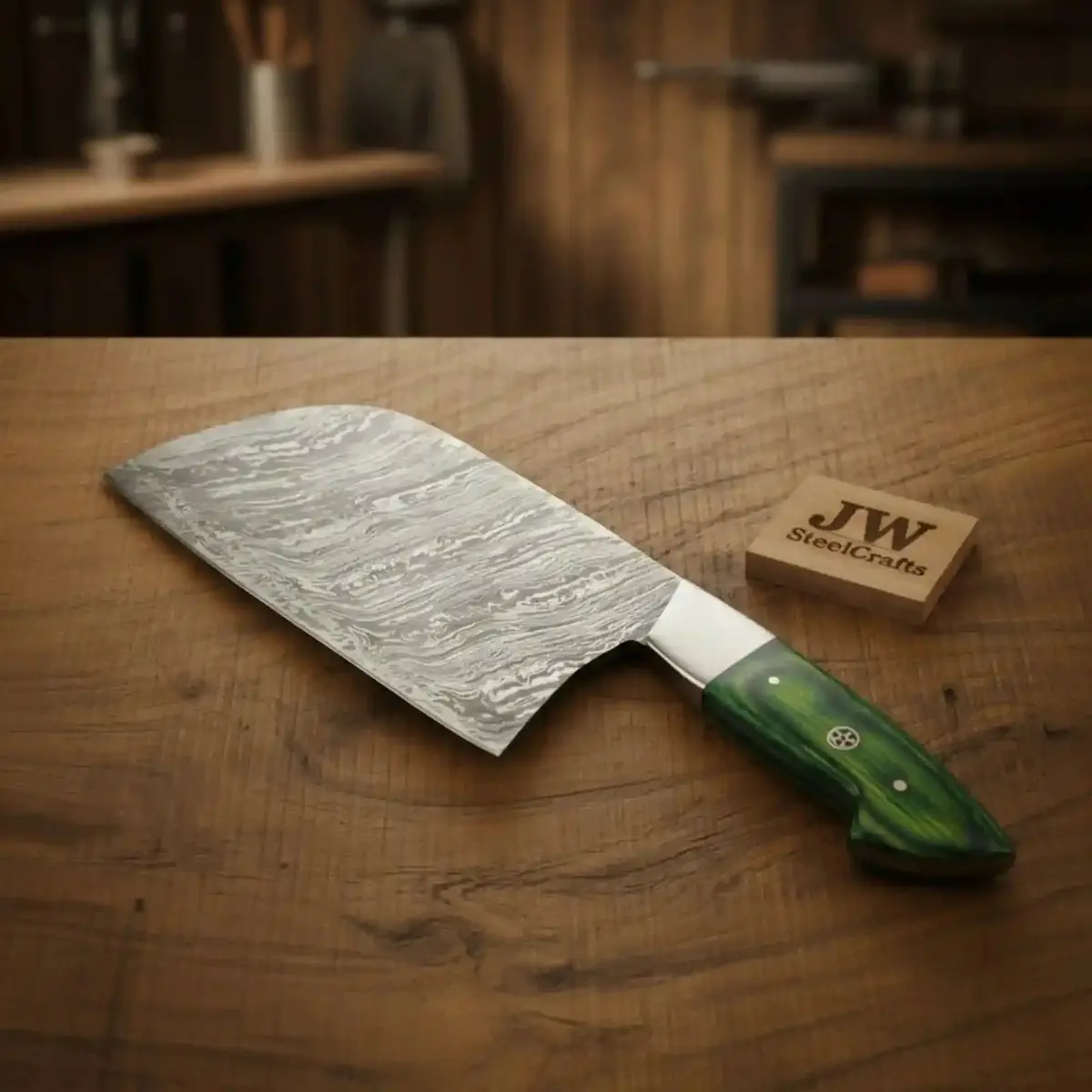 Hand Forged Damascus Cleaver Knife With Green Wood Handle, Professional Meat Cutting Tool 1