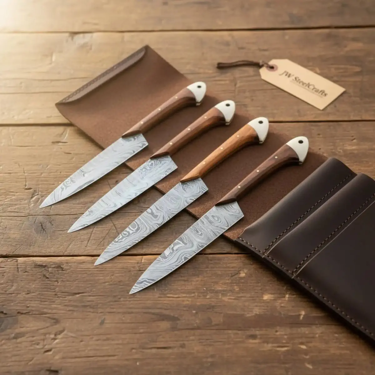 Damascus Cutlery Set - Santoku, Chef Knife, Cleaver, Petty Knife & Honing Rod 1
