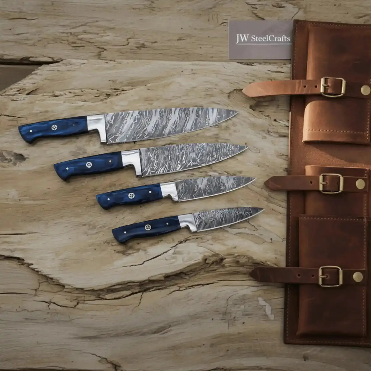 Damascus Steak Knife Set - Elegant French-Style Cutlery With Blue Wood Handles 1